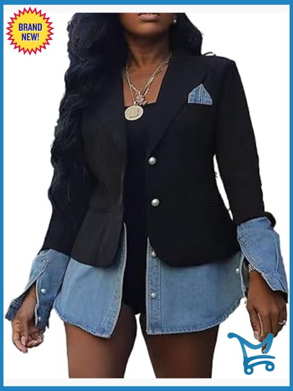 Denim Patchwork Blazer Jacket - Long Sleeve Button Down Casual Office Coat
